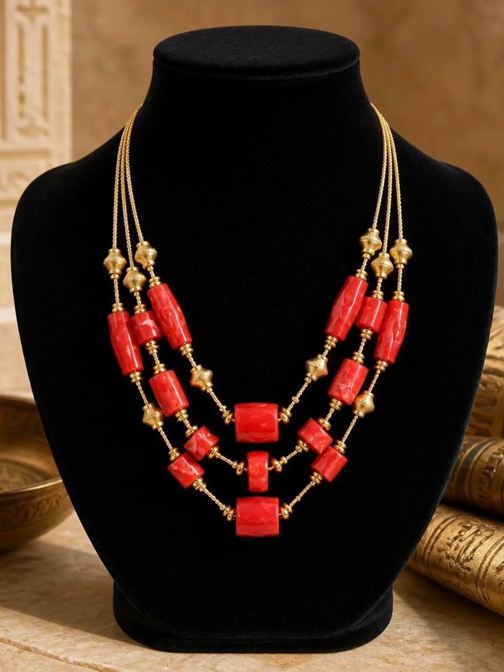 Chico's Red and Gold Multi-Strand Beaded Necklace